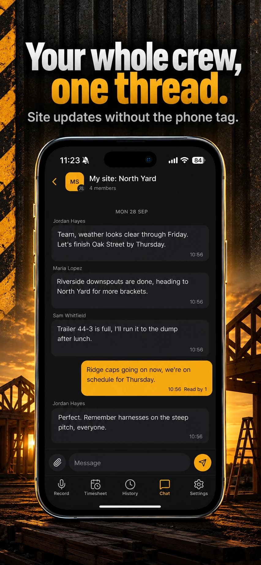 Crew chat for the North Yard site with messages from four members