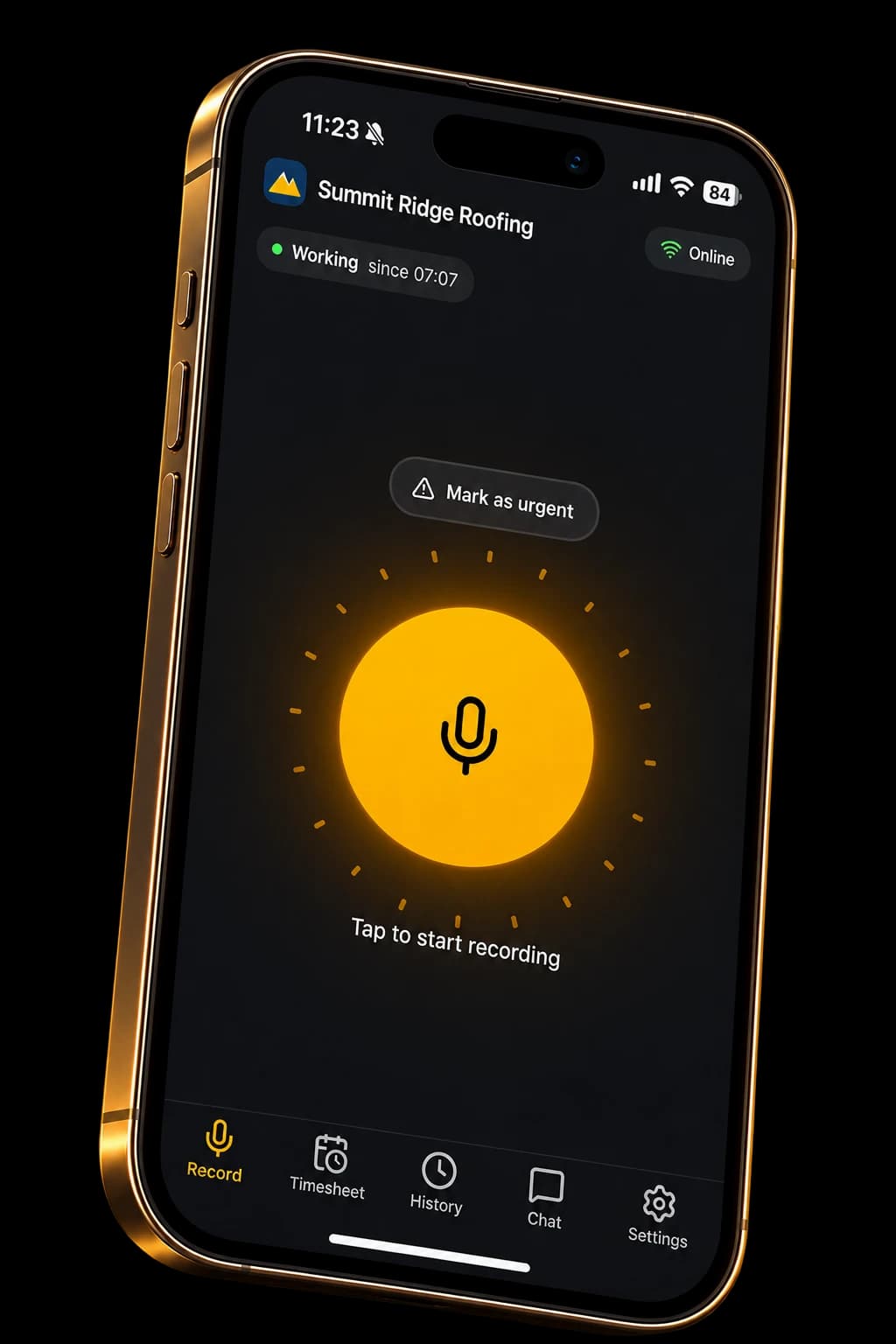AZUS Field record screen with a large amber microphone button and a Working since 07:07 status