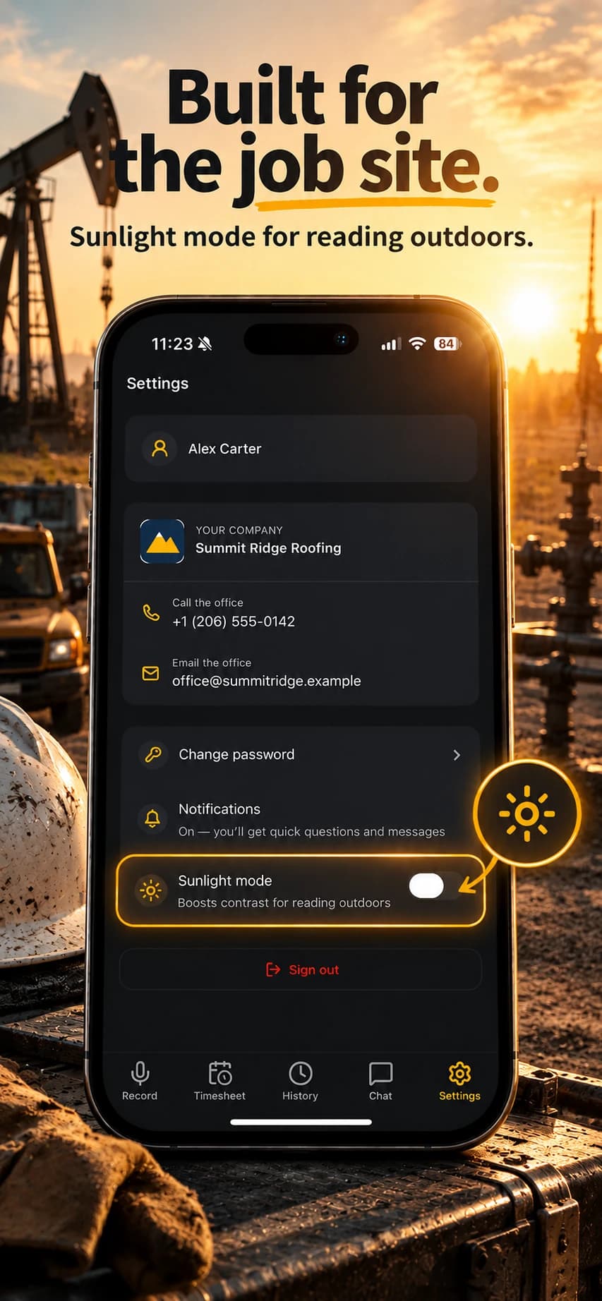 Settings screen with Sunlight mode switched on and company contacts